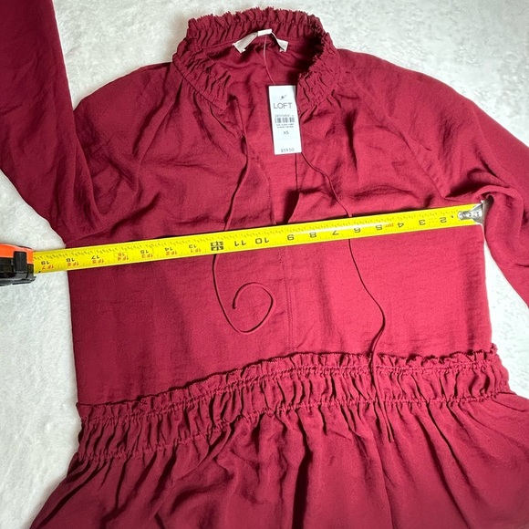 LOFT Burgundy Ruffle Trim Long Sleeve Slit Neck With Tie Blouse. Size XS - Picture 4 of 8